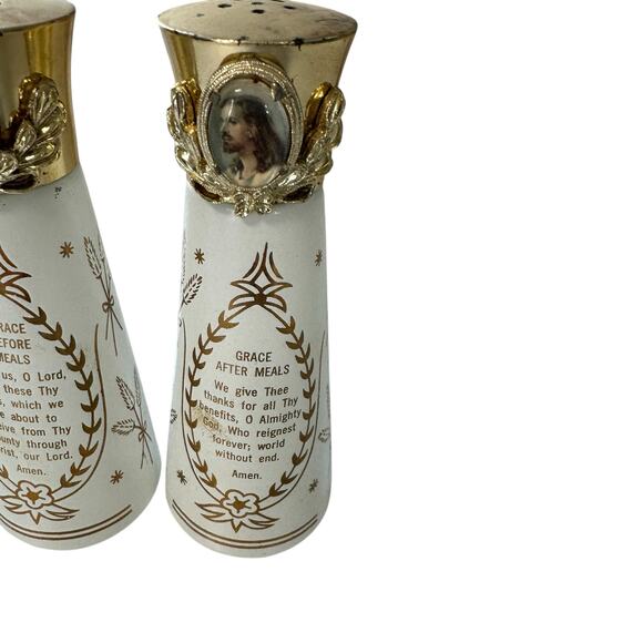 Vintage Religious White Gold Salt and Pepper Shakers Jesus Mary Grace - Picture 3 of 6